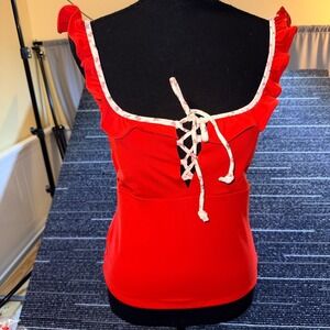 Blogilates Ruffle Lace Up Tank Women XS Red NEW Floral Trim‎ Activewear Top